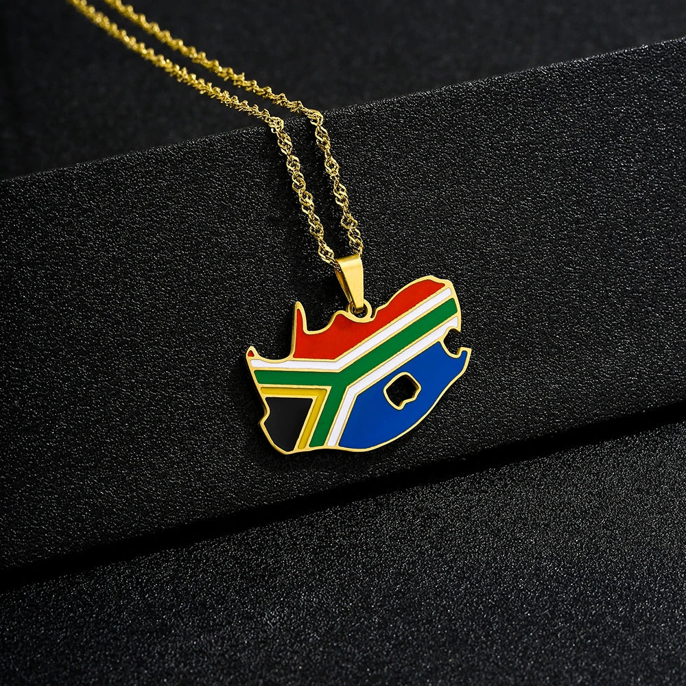 South Africa Map Flag Pendant Necklace - Stainless Steel