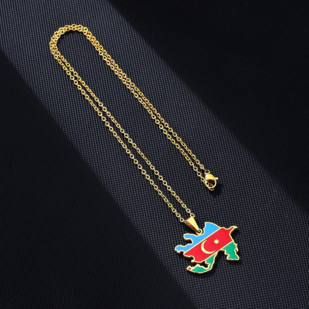 Azerbaijan Map Flag Pendant Necklace - Stainless Steel