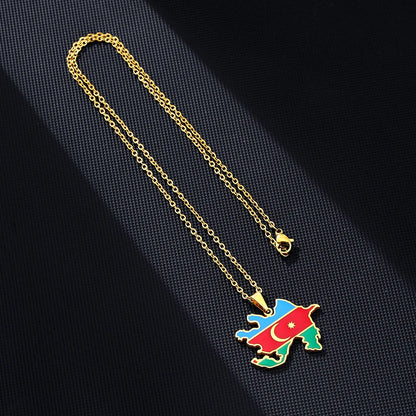 Azerbaijan Map Flag Pendant Necklace - Stainless Steel