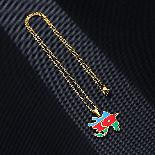 Azerbaijan Map Flag Pendant Necklace - Stainless Steel