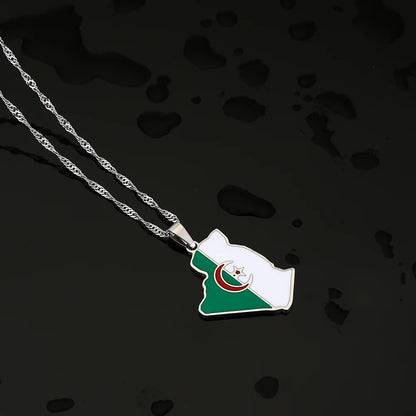 Algeria Map Flag Pendant Necklace - Stainless Steel