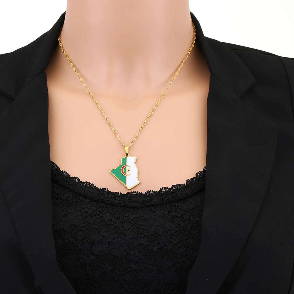 Algeria Map Flag Pendant Necklace - Stainless Steel