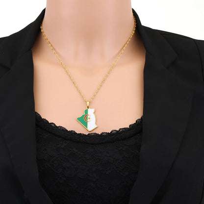 Algeria Map Flag Pendant Necklace - Stainless Steel