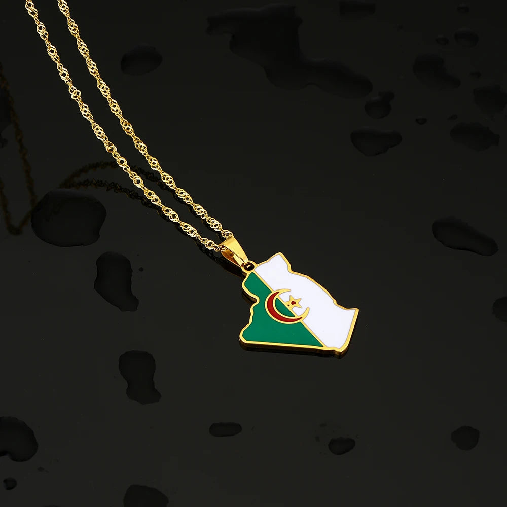 Algeria Map Flag Pendant Necklace - Stainless Steel