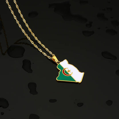 Algeria Map Flag Pendant Necklace - Stainless Steel