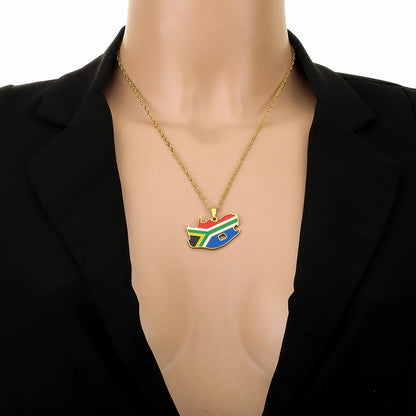 South Africa Map Flag Pendant Necklace - Stainless Steel