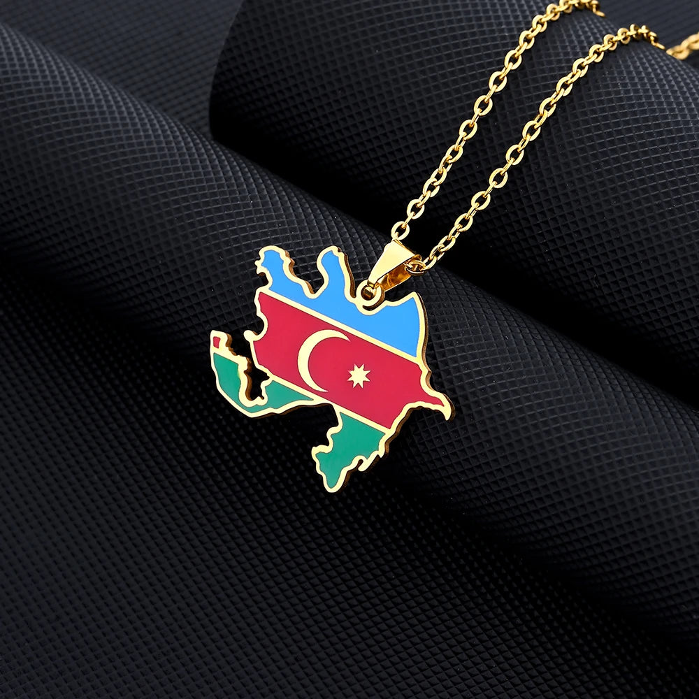 Azerbaijan Map Flag Pendant Necklace - Stainless Steel