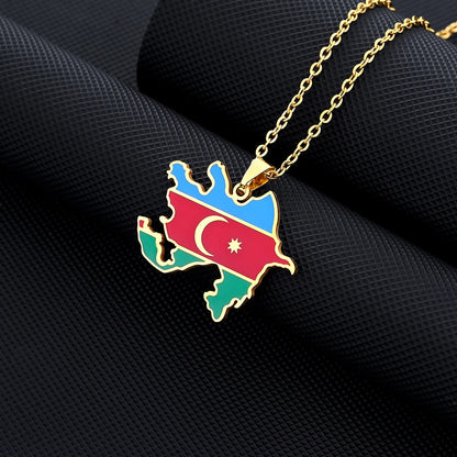 Azerbaijan Map Flag Pendant Necklace - Stainless Steel