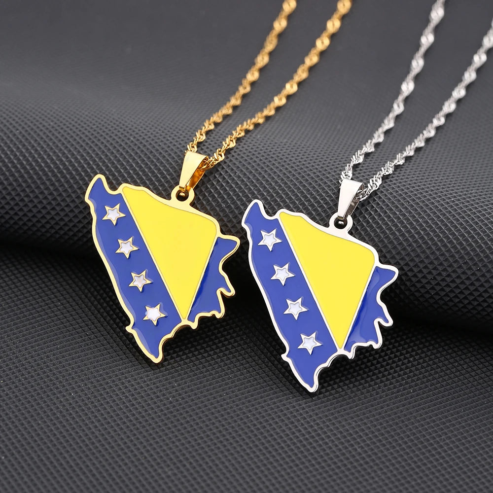 Bosnia Map Flag Pendant Necklace - Stainless Steel