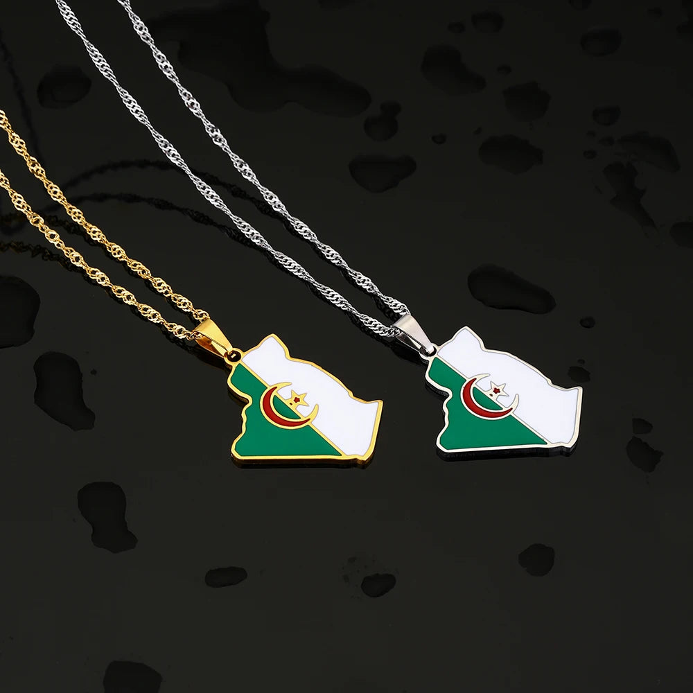 Algeria Map Flag Pendant Necklace - Stainless Steel