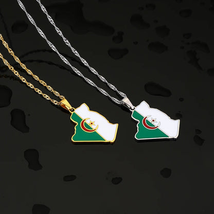 Algeria Map Flag Pendant Necklace - Stainless Steel