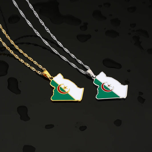 Algeria Map Flag Pendant Necklace - Stainless Steel