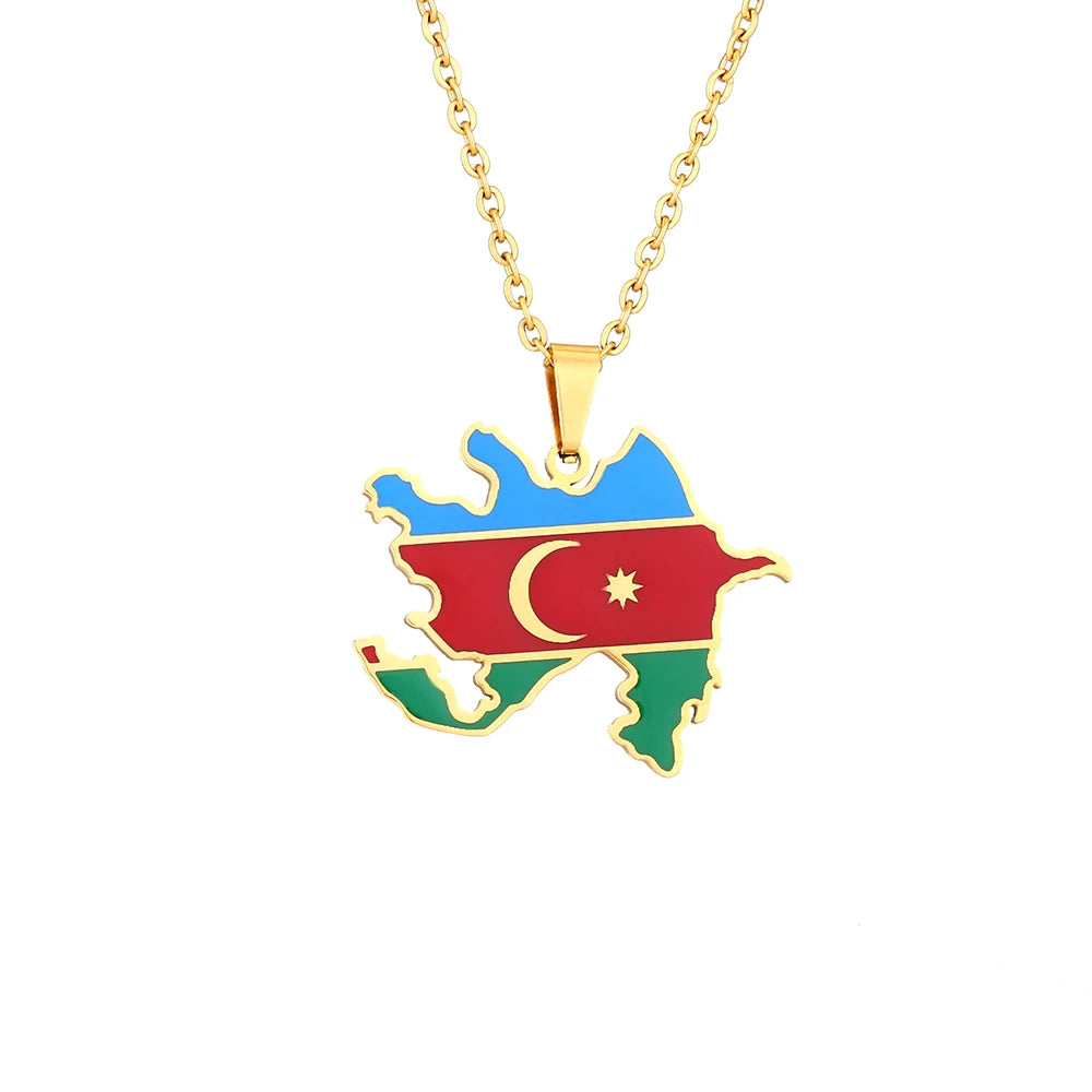 Azerbaijan Map Flag Pendant Necklace - Stainless Steel