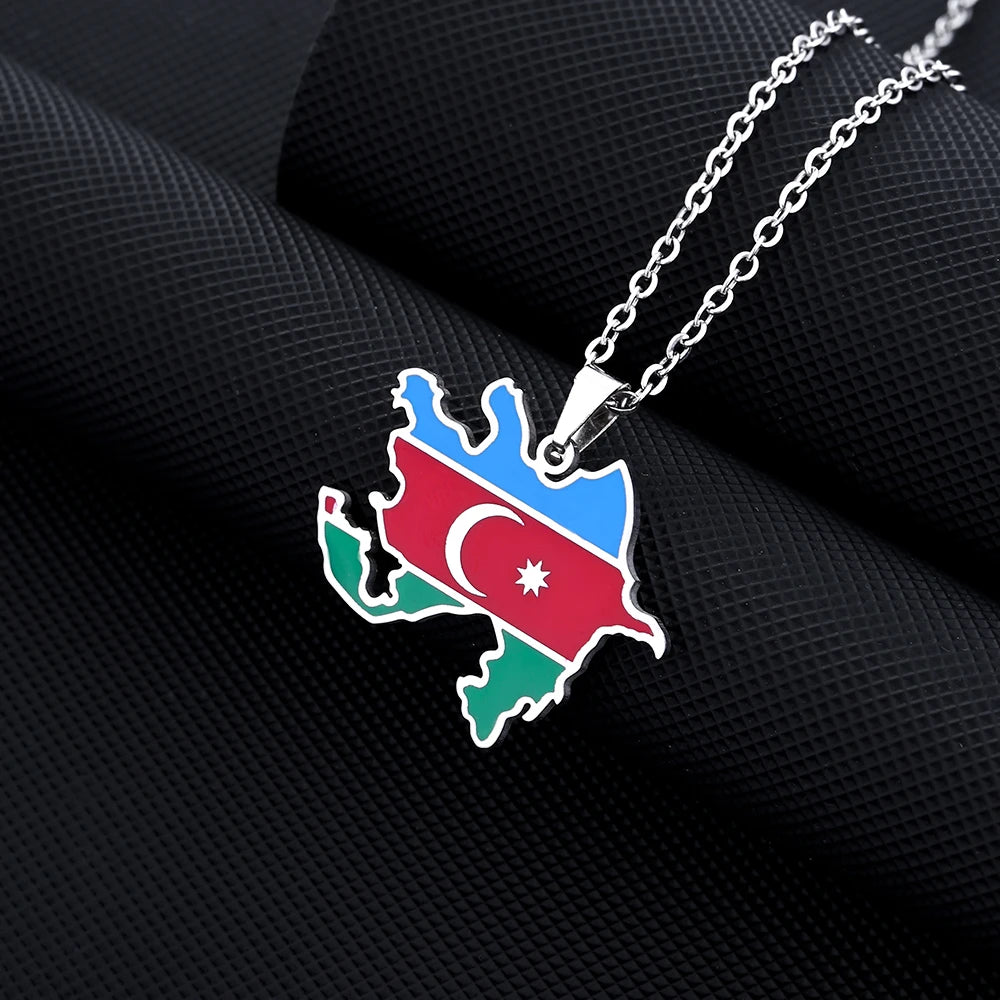 Azerbaijan Map Flag Pendant Necklace - Stainless Steel