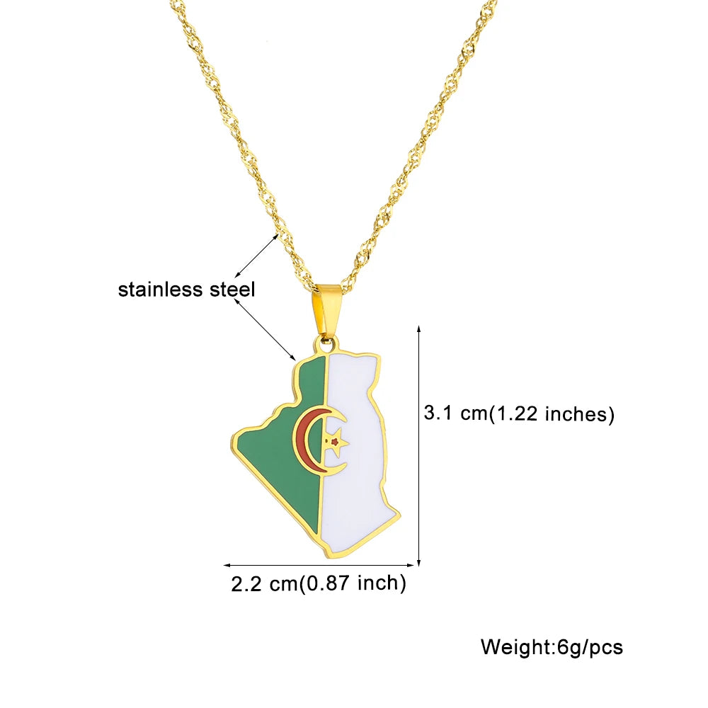 Algeria Map Flag Pendant Necklace - Stainless Steel