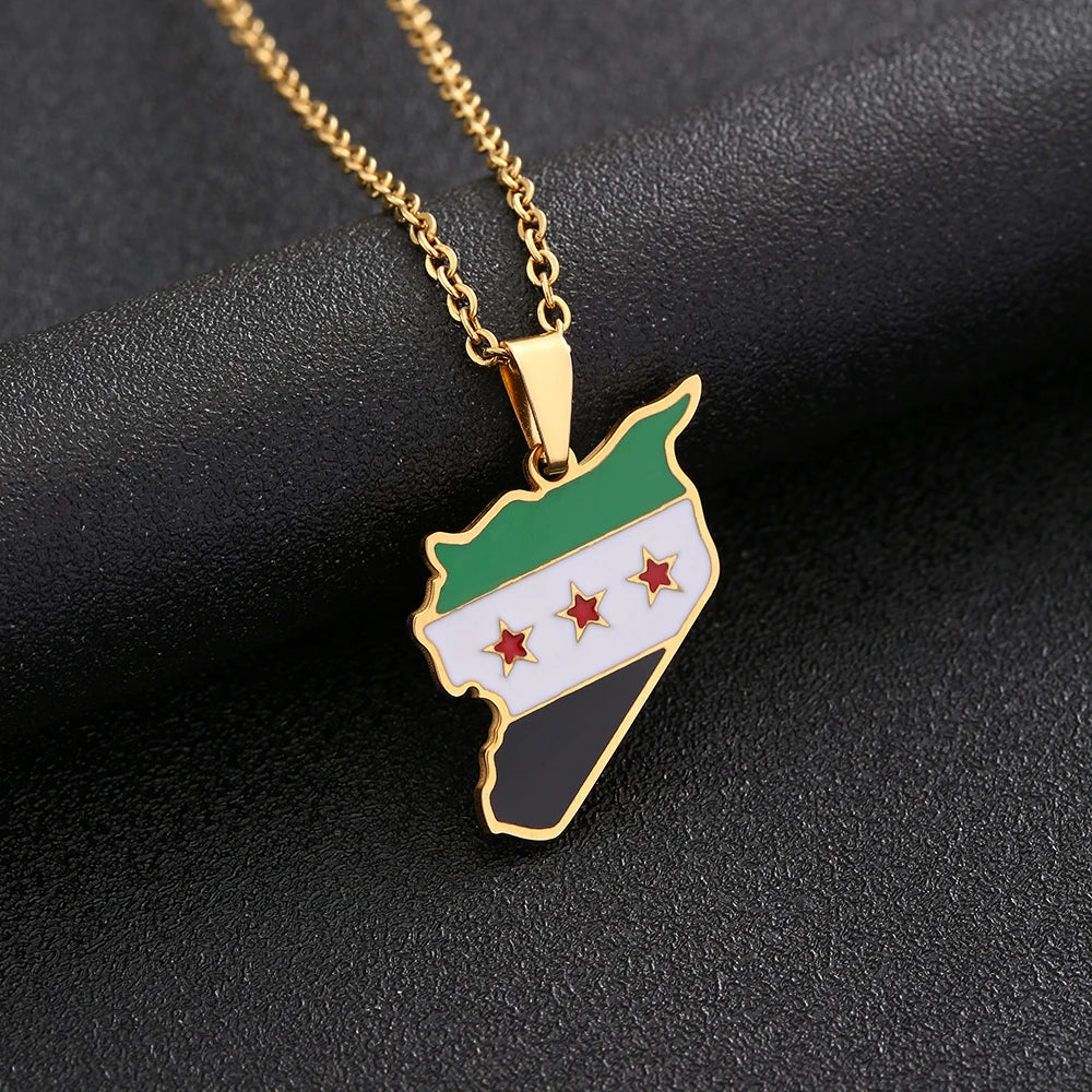 Syria Map Flag Pendant Necklace - Stainless Steel