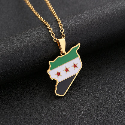 Syria Map Flag Pendant Necklace - Stainless Steel
