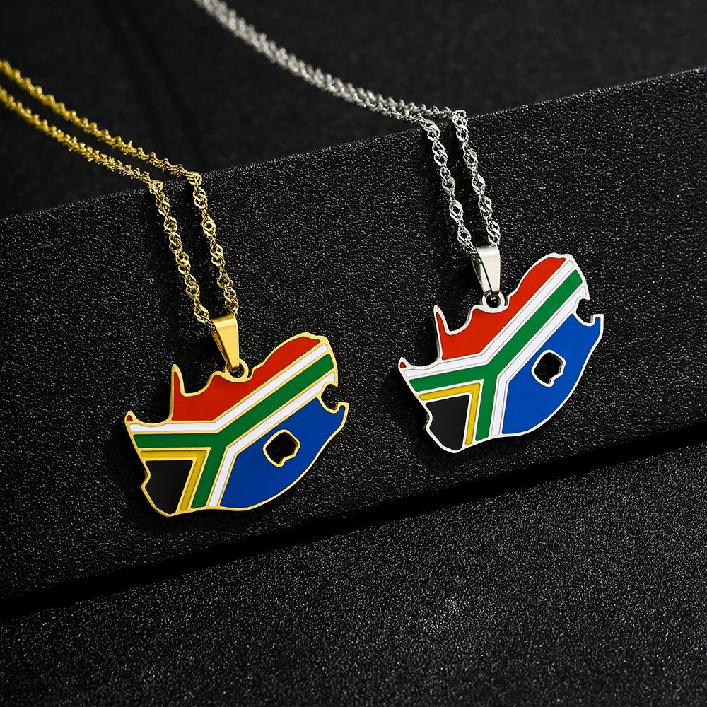 South Africa Map Flag Pendant Necklace - Stainless Steel