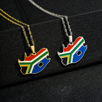 South Africa Map Flag Pendant Necklace - Stainless Steel