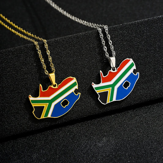 South Africa Map Flag Pendant Necklace - Stainless Steel