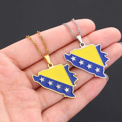 Bosnia Map Flag Pendant Necklace - Stainless Steel