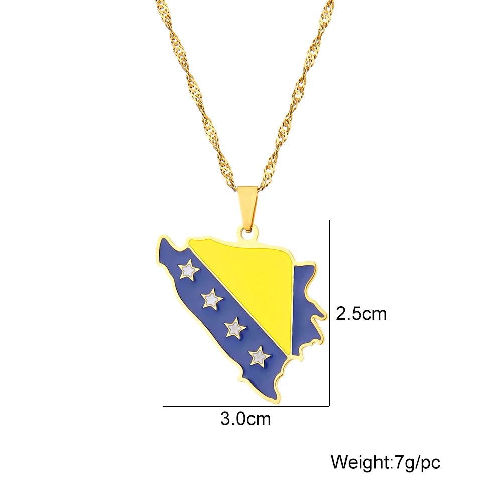 Bosnia Map Flag Pendant Necklace - Stainless Steel