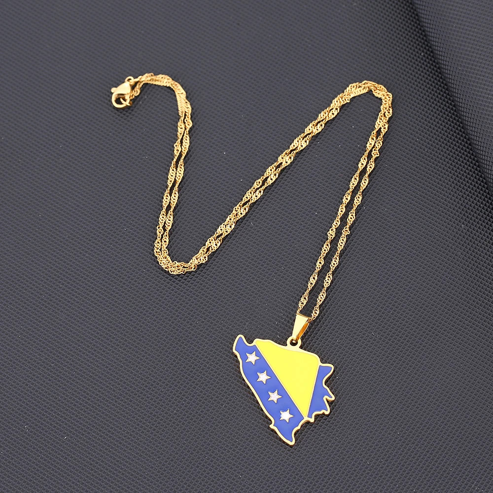 Bosnia Map Flag Pendant Necklace - Stainless Steel