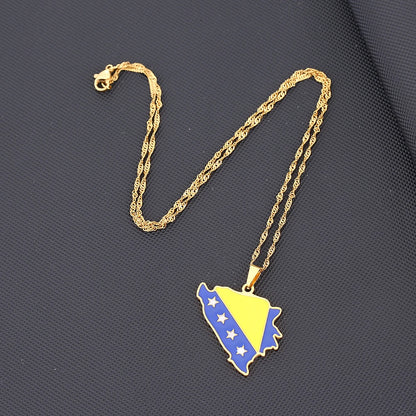 Bosnia Map Flag Pendant Necklace - Stainless Steel