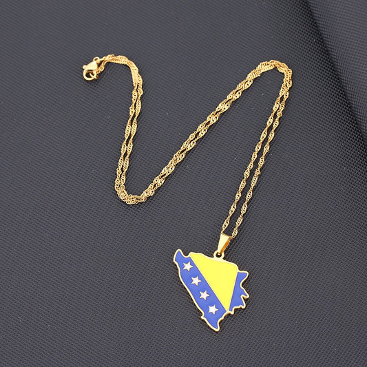 Bosnia Map Flag Pendant Necklace - Stainless Steel