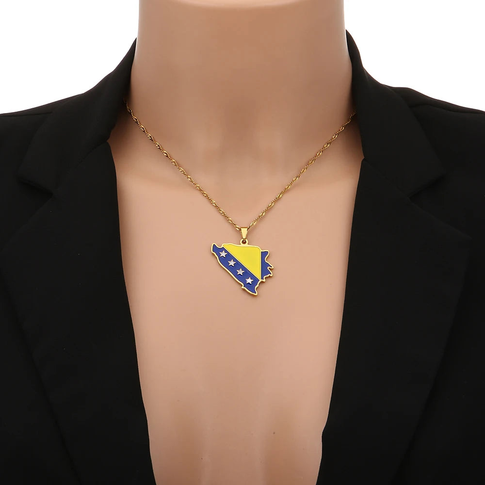Bosnia Map Flag Pendant Necklace - Stainless Steel