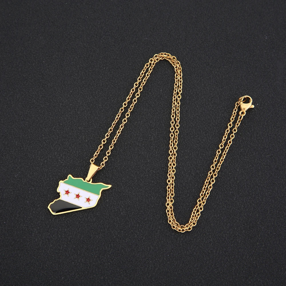 Syria Map Flag Pendant Necklace - Stainless Steel