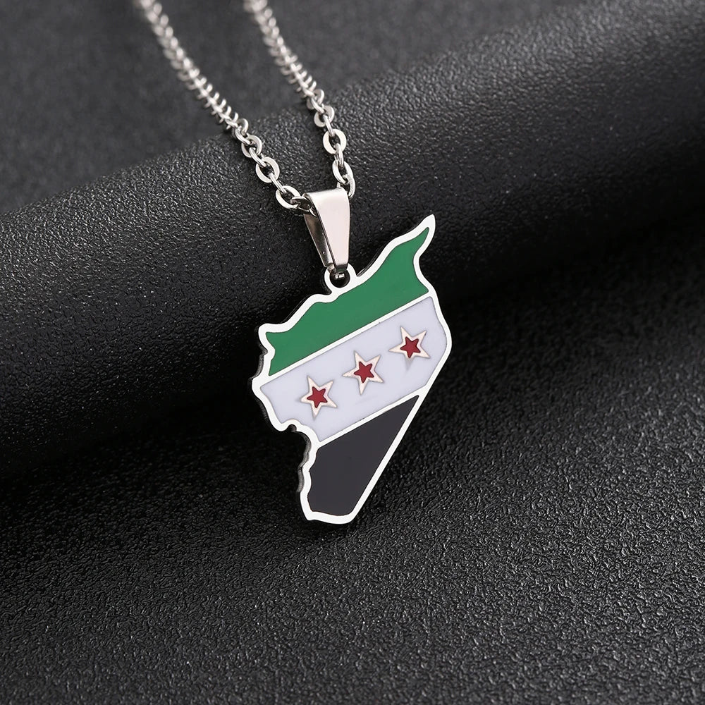 Syria Map Flag Pendant Necklace - Stainless Steel
