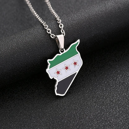 Syria Map Flag Pendant Necklace - Stainless Steel