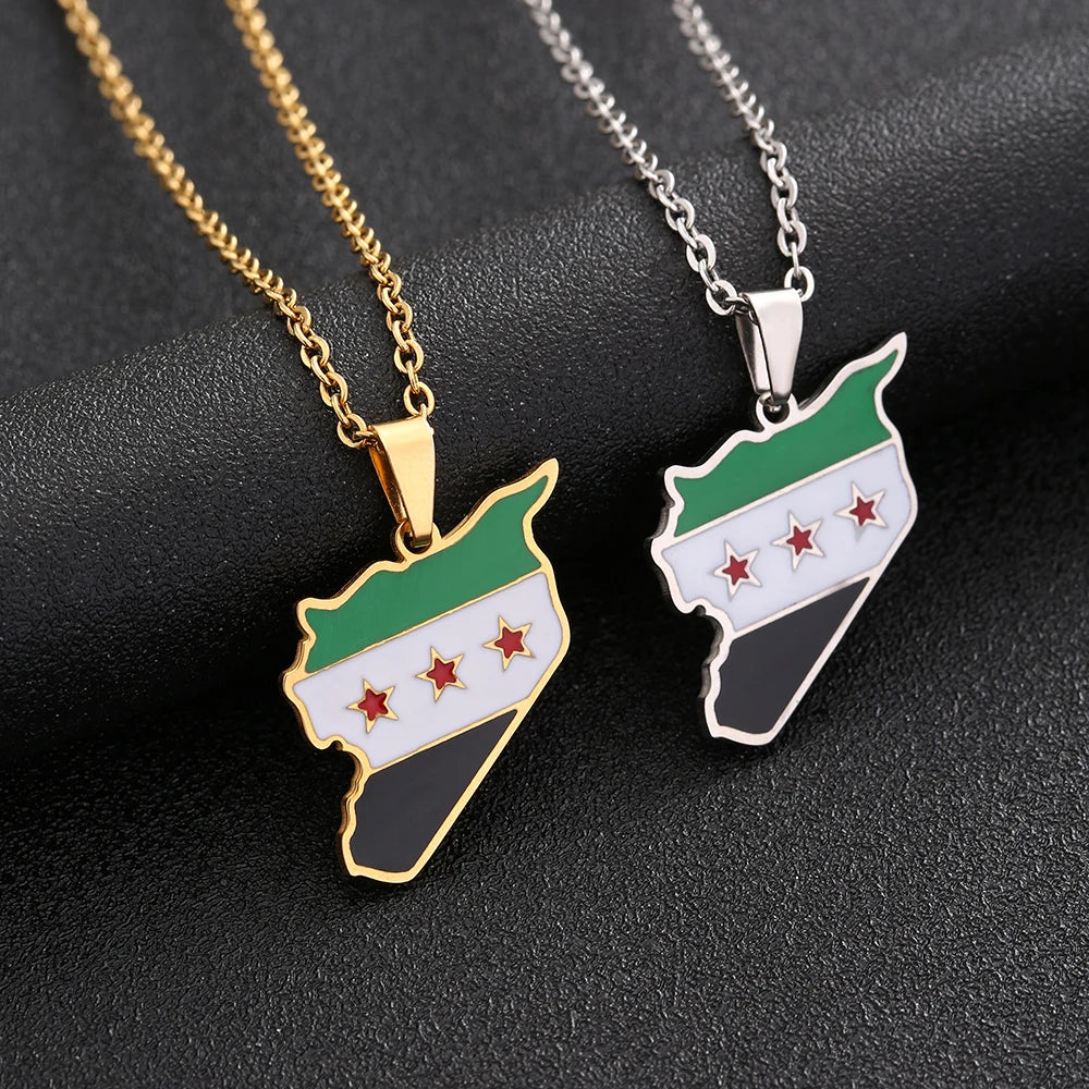 Syria Map Flag Pendant Necklace - Stainless Steel