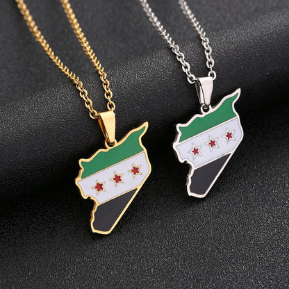 Syria Map Flag Pendant Necklace - Stainless Steel