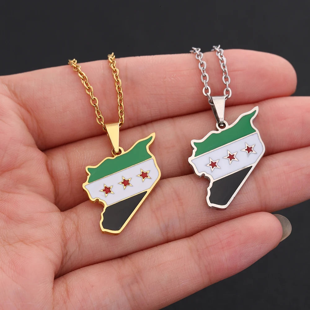 Syria Map Flag Pendant Necklace - Stainless Steel