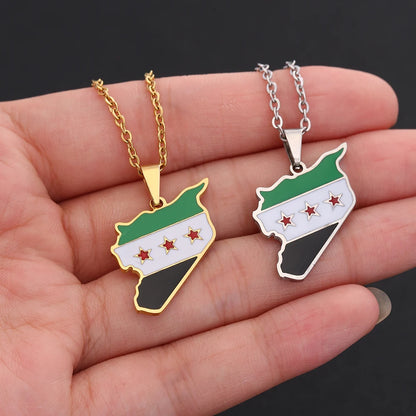Syria Map Flag Pendant Necklace - Stainless Steel