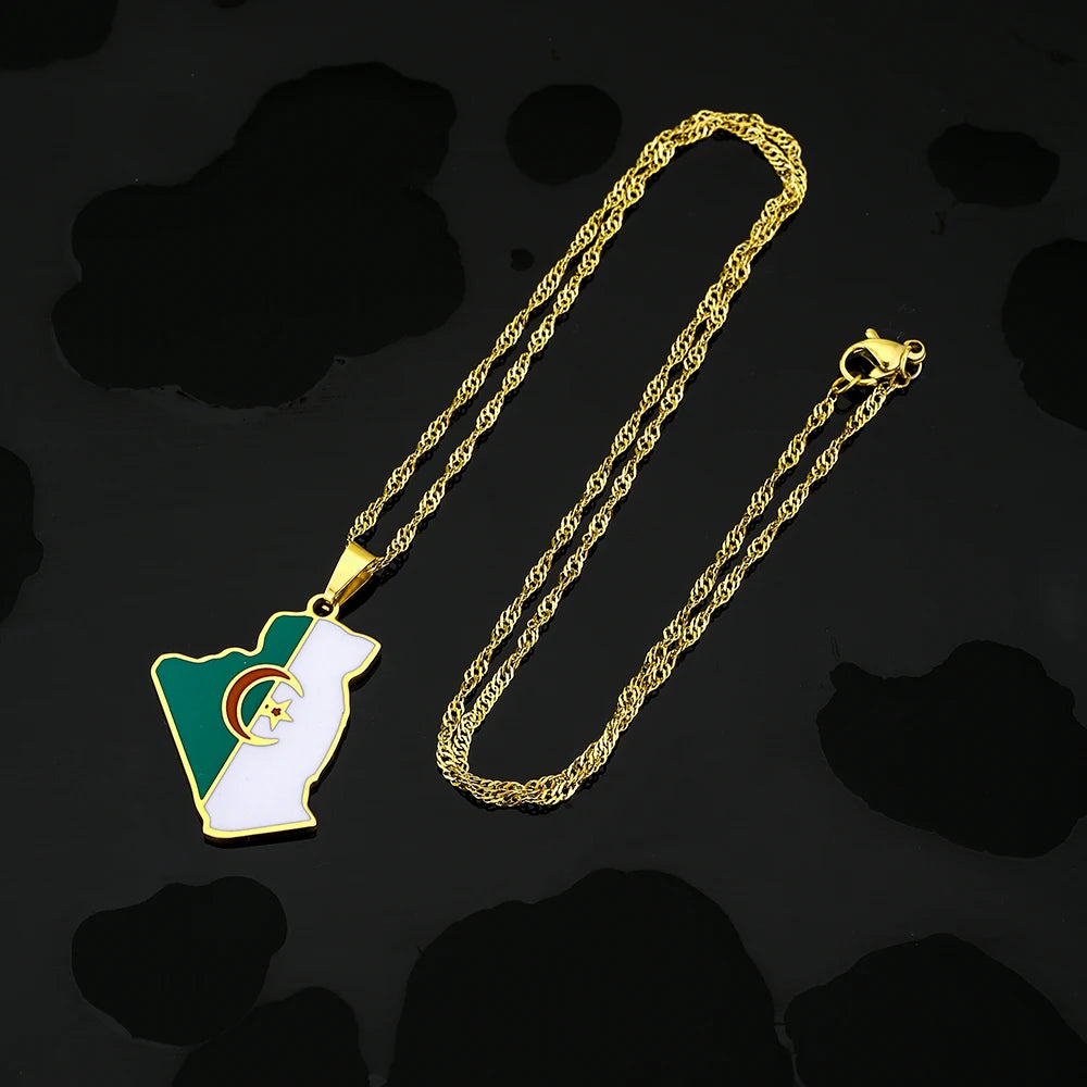 Algeria Map Flag Pendant Necklace - Stainless Steel