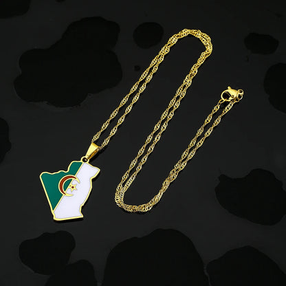 Algeria Map Flag Pendant Necklace - Stainless Steel