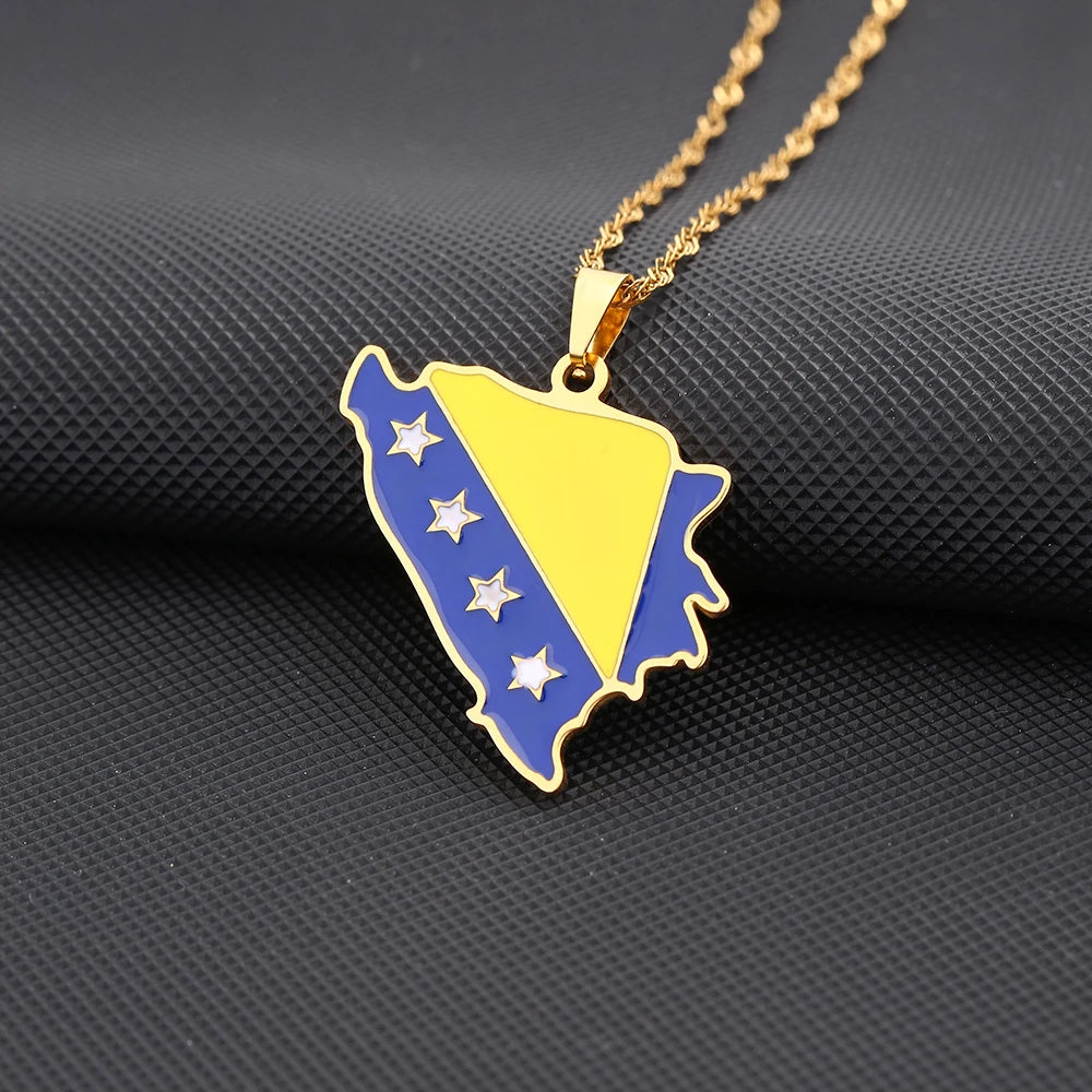 Bosnia Map Flag Pendant Necklace - Stainless Steel