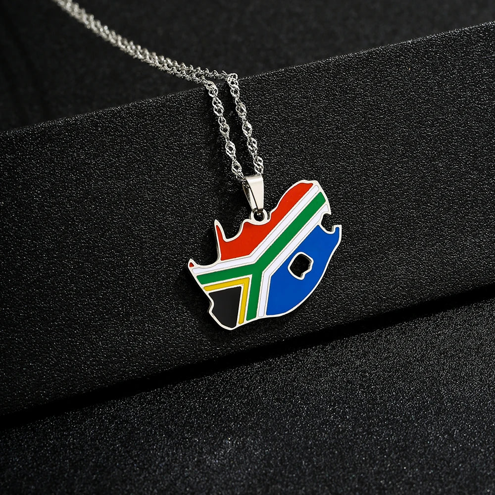 South Africa Map Flag Pendant Necklace - Stainless Steel