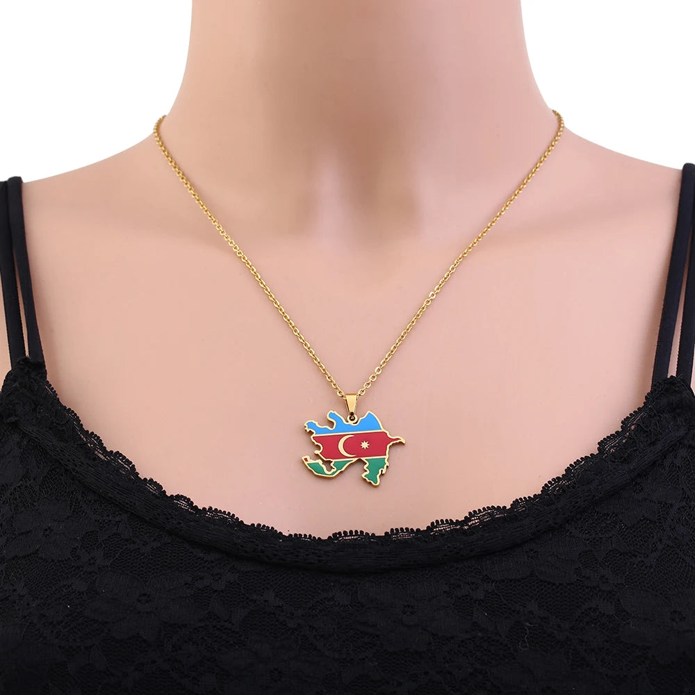 Azerbaijan Map Flag Pendant Necklace - Stainless Steel