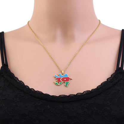 Azerbaijan Map Flag Pendant Necklace - Stainless Steel