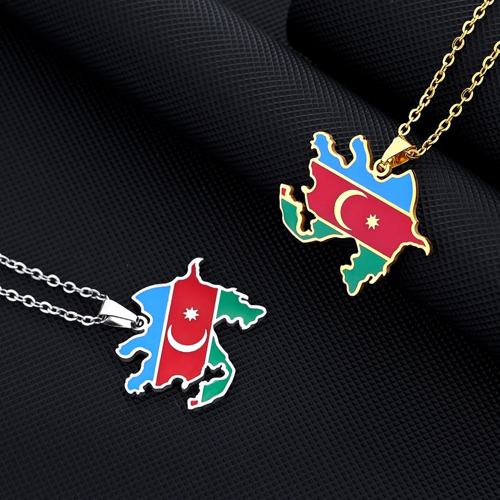 Azerbaijan Map Flag Pendant Necklace - Stainless Steel